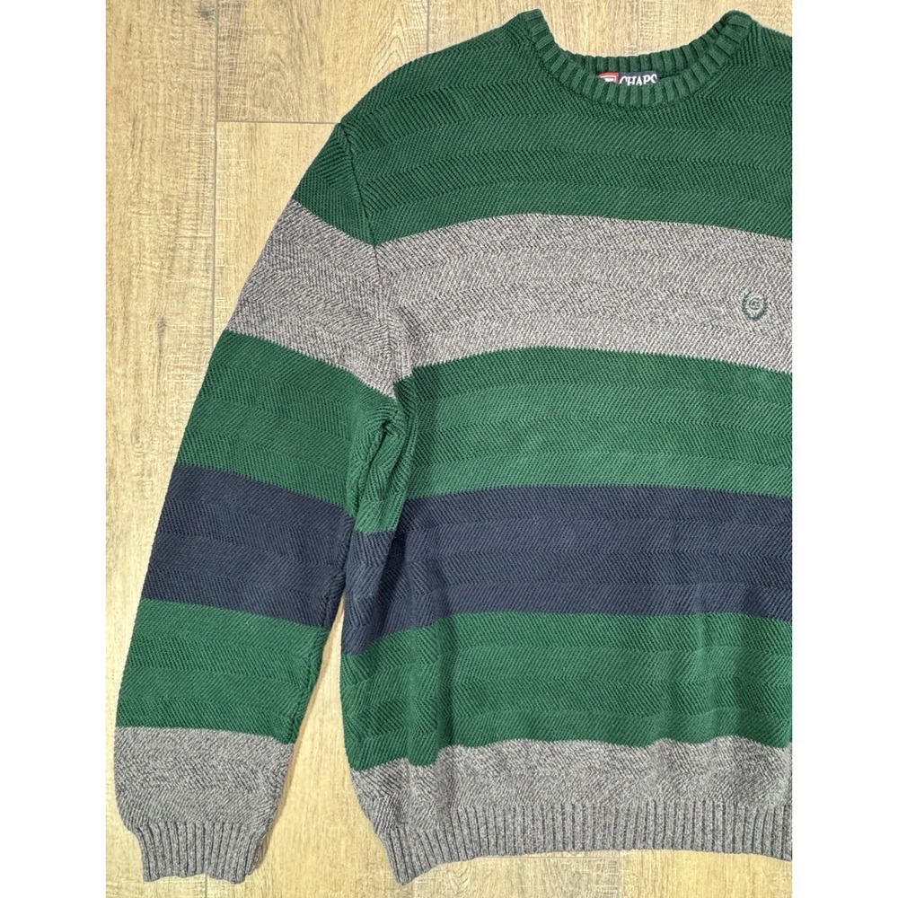 Vintage Chaps Ralph Lauren Rugby Sweater Green Gray Striped Men’s Large Crest - Picture 3 of 12
